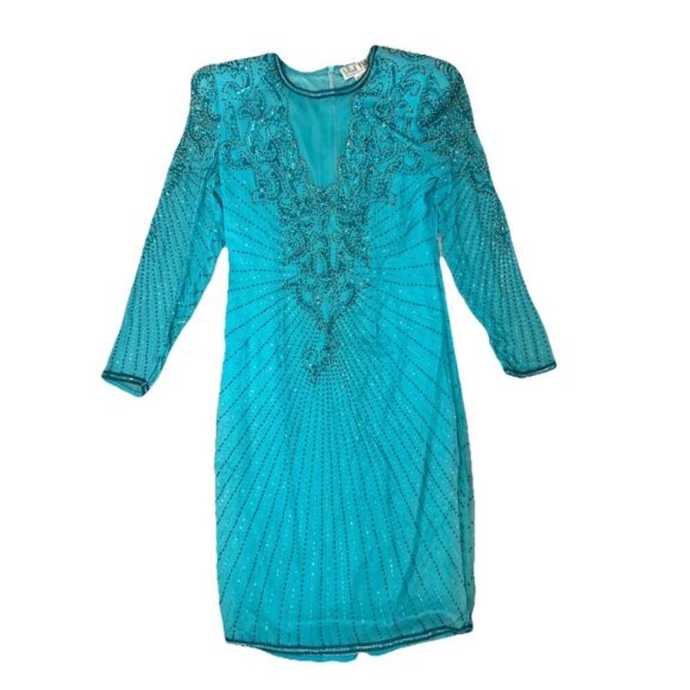 Vintage 80's A.J. Bari Beaded Sequins Blue Dress Size 4